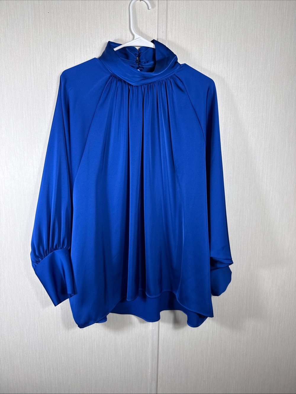NWT Zara S Satin Cobalt High Neck Blouse Puff Dolman Sleeve Minimalist Romantic